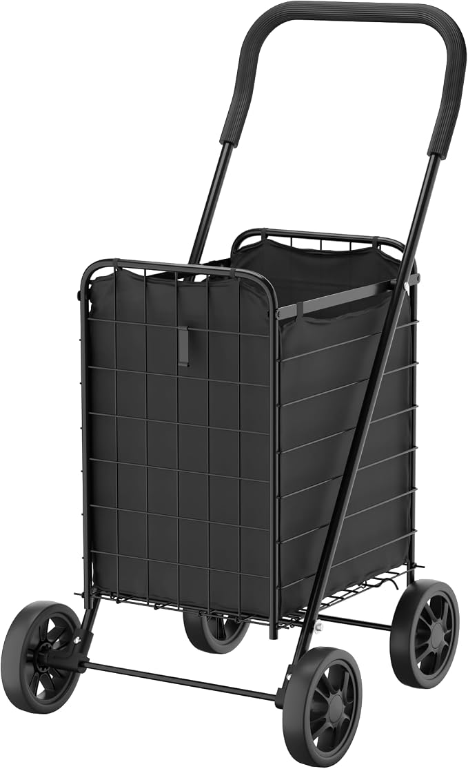 Whitmor Foldable Utility Shopping Cart with Wheels, 60Lb Capacity, Heavy Duty Grocery Cart with Steel Frame, Foam Handle, Rolling Utility Cart for Grocery, Laundry, Travel, Black/w Liner by Whitmor