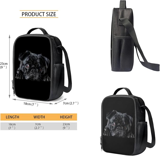 Coloranimal Black Pug Backpack Set School Bag with Mini Lunch Bag Pencil Case for Teen Boys Girls School Backpack with Adjust Shoulder Straps Travel Hiking Bag - Image 3