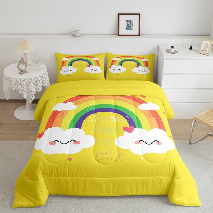 Erosebridal Rainbow Quilted Comforter Twin Size, Kawaii Comforter Set Love Heart Bedding Set Cartoon Rainbow Iridescent Down Comforter,2 Pcs One Bed Comforter and One Pillowcase in One Bag, Yellow - Image 2