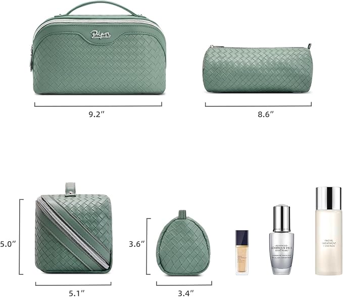 BOYATU Travel Makeup Bag Cosmetic Bags for Women: Large Capacity 3 Pcs Set Make up Bag with Compartments - Waterproof Vegan Leather Toiletry Organizer Bags with Handle (L10 Grass Green) - Image 5