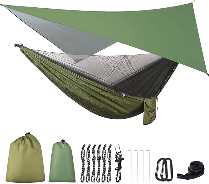 Camping Hammock with Rain Fly Tarp and Mosquito Net Tent Tree Straps, Portable Single Double Nylon Parachute Hammock Rainfly Set for Backpacking Hiking Travel Yard Outdoor Activities Green - Image 9