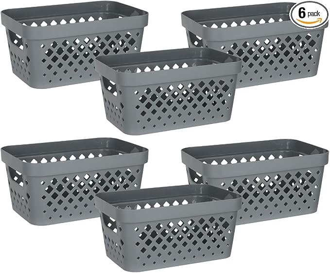 Glad Plastic Baskets for Organizing, Set of 6 | Pantry Storage for Under Counter, Linen Closet, and Bathroom | Nesting Shelf Bins with Handles, 1 Gallon, Grey by GladTrashFoodStorage