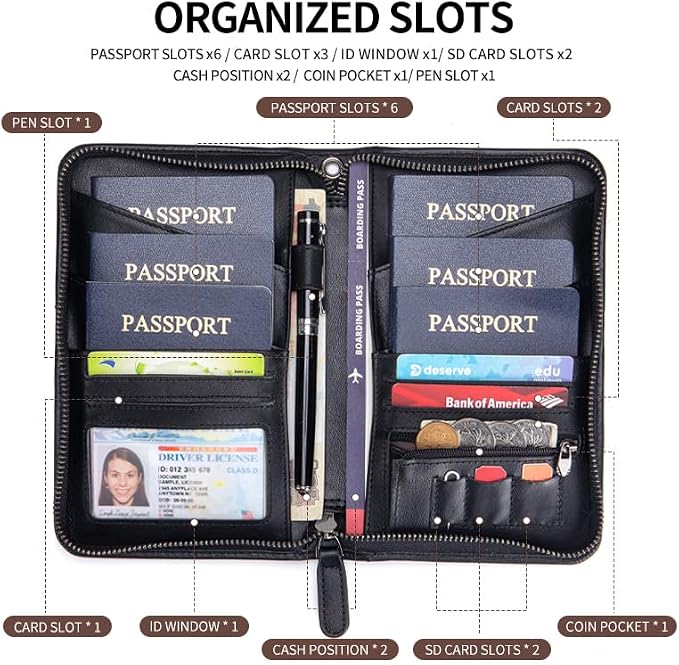 Passport Holder for Travel Family with Strap Genuine Leather RFID Blocking Travel Document Organizer Wallet with Pen Holder, Black - Image 4