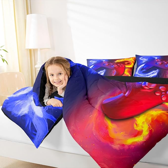 Ice Fire Dragon Comforter Set for Boys Teens Kids Gamer Games Room Decor Bedding Set Blue Red Gaming Gamepad Down Comforter ,Fairy Tale Animals Theme Room Decor 3Pcs Duvet Insert Queen Size,Soft - Image 4