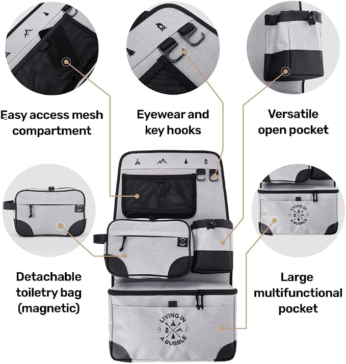 Living in a Bubble Seat back Organizer – Magnetic Toiletry and Cooler Pouch, Cordura Car Backseat Storage with Device Holder & Hooks, Multi-Compartment Utility Bag for Campervans & Family Travel - Image 4