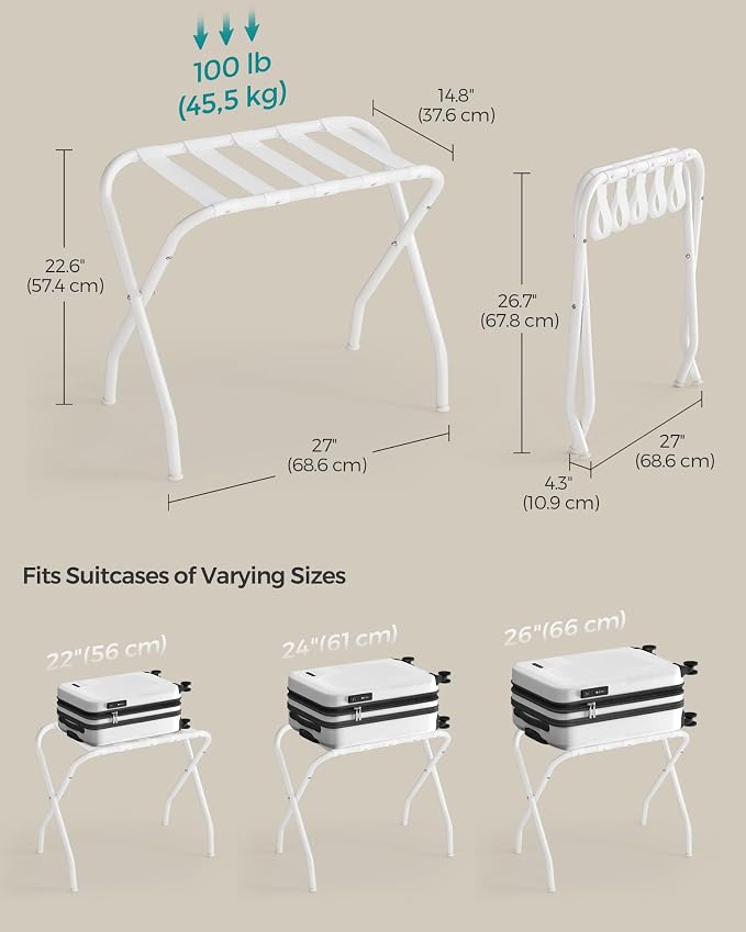 SONGMICS Luggage Rack, Set of 2, Luggage Racks for Guest Room, Suitcase Stand, Steel Frame, Foldable, for Bedroom, Cloud White URLR064W02 - Image 5