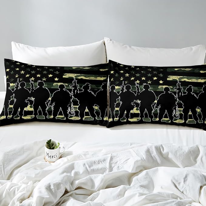 American Flag Duvet Cover Twin for Boy Teen Armygreen Camouflage Bedding Set Adult Men Youth Soldier Silhouettes Comforter Cover Military Style Camo Bedding Collections, 1 Duvet Cover + 1 Pillowcase - Image 7