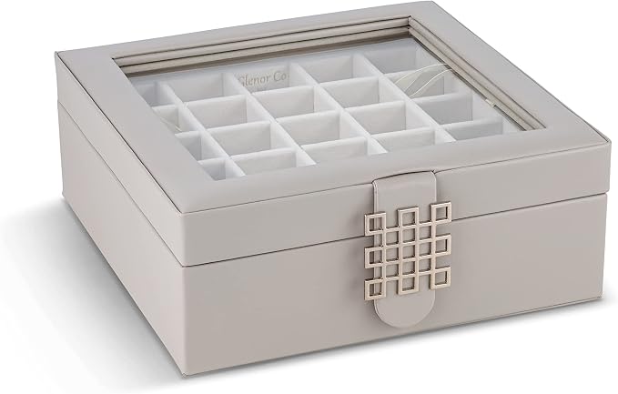 Glenor Co Earring Organizer - Classic 50 Section Jewelry Box/Case/Holder for Earrings, Rings, Necklaces, Jewelry, Cufflinks or Collections -2 Layer Small Compartments with Large Glass Top - Grey - Image 3