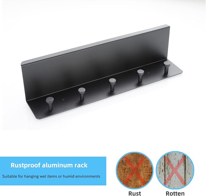 Bathroom Towel Rack Wall Mounted, Rustproof Aluminium Shelf with 5 Bath Robe Hook, Decor Display Storage, Hot Tub Accessories, Hanging Hanger for Hat, Key, Bag Holder, Bathtub - Image 6