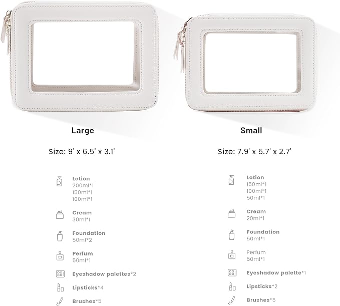 Aveniee Clear Makeup Bag Organizer Set,Portable Travel Toiletry Case for Women, Vegan Leather Cosmetic Pouch Car Bag for Essentials 2pcs,Middle & Large,Beige - Image 2