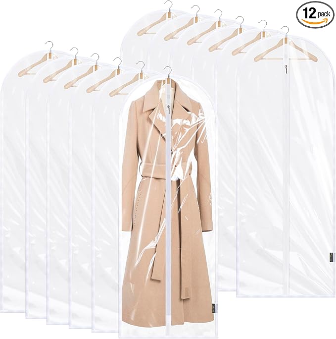 BALEINE 60'' Clear Garment Bags, 12 Packs PEVA Dress Bag for Closet Clothes Dresses Suit Coats Storage (Clear, 12PK) by BALEINE