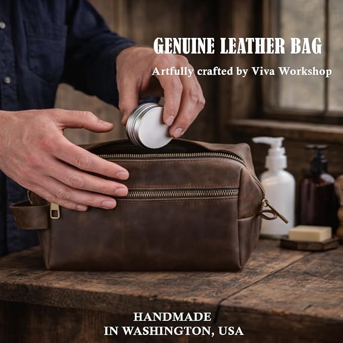Mens Leather Toiletry Bag – Dopp Kit Handmade in USA – Full Grain Leather Organizer Bag with Waterproof Lining for Travel, Toiletries, Shaving Kit – Gifts for Men, Husband, Dad, Boyfriend - Image 7