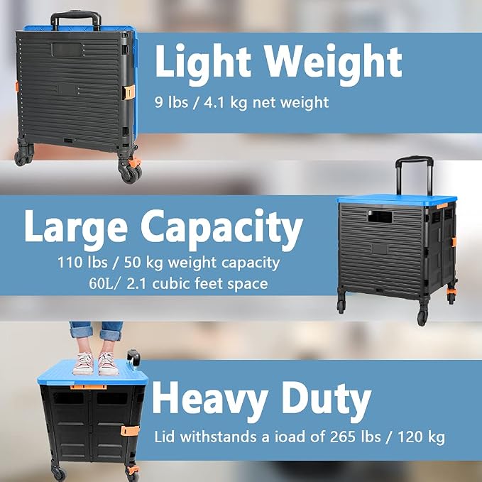 FELICON SELORSS Foldable Utility Cart Folding Portable Rolling Crate-Blue | Heavy Duty,Telescoping Handle,4 Rotate Wheels,Collapsible Handcart for Travel Shop Move Luggage Laundry Teacher Office Use - Image 3