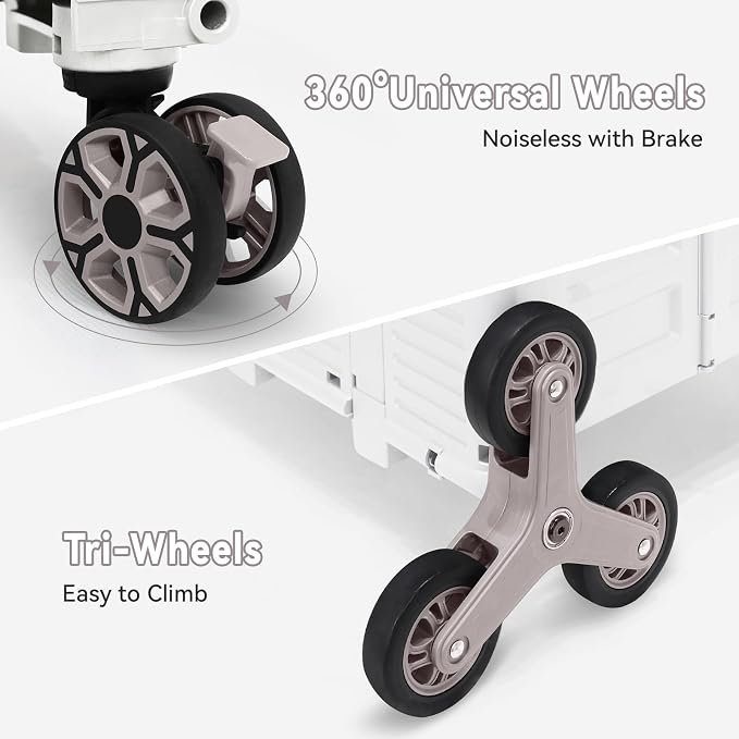 Foldable Utility Cart Portable Crate Rolling Dolly with Telescopic Handle,Can be Pulled diagonally, Magnetic Retractable Lid, 360°Swivel Climbing Wheels for Shopping Carrying Groceries Move White - Image 4