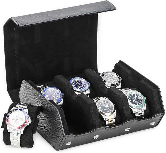 Hiram Genuine Leather Hexagon Watch Roll Travel Case, Leather 6-Watches Roll Case with Removable Pillow Cushion for Treasured Watches and Bracelets-Black by Hiram