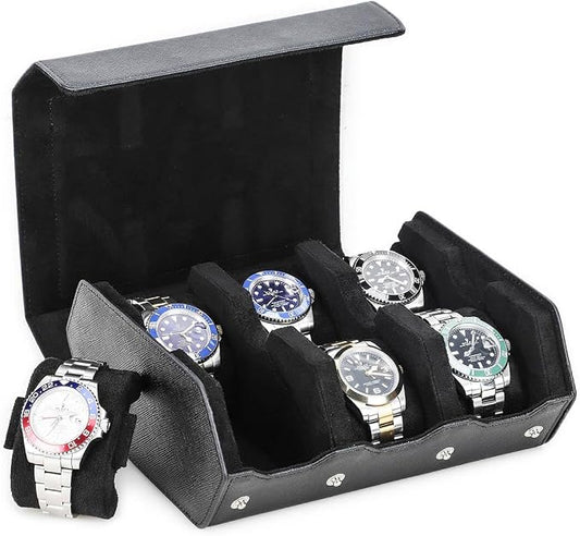 Hiram Genuine Leather Hexagon Watch Roll Travel Case, Leather 6-Watches Roll Case with Removable Pillow Cushion for Treasured Watches and Bracelets-Black by Hiram