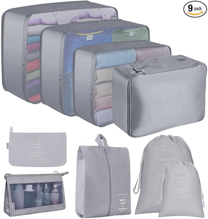 Packing Cubes for Suitcase, 9pcs Travel Luggage Packing Organizers Waterproof Travel Essentials Bag Clothes Shoes Storage Bags, Gray by Lychico