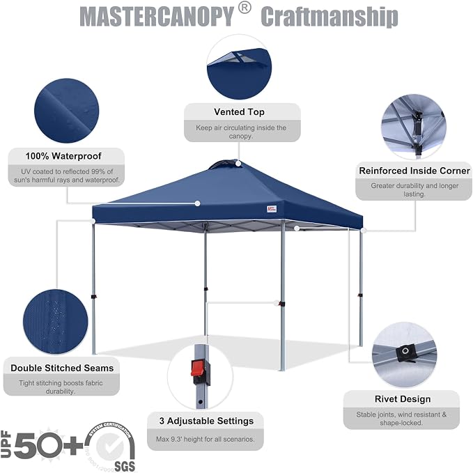 MASTERCANOPY 10x10 Pop Up Canopy Tent, 1 Person Setup Instant Shelter,Outdoor Portable Beach Canopy with Roller Bag, 4 Sandbags, 4 Ropes, 8 Stakes (10x10, Navy Blue) - Image 3