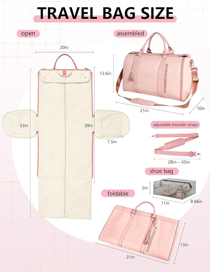 2 in 1 Convertible Garment Duffle Bags for Travel 45L Waterproof Carry on Duffle Bag for Men & Women with Shoe Lmproved Zipper and Reinforced Straps Suitable for Business & Weekend Trips Pink - Image 4