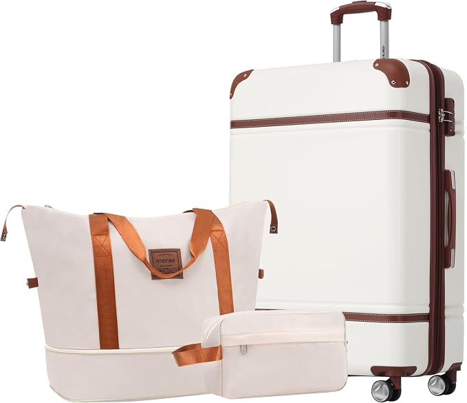 Merax Suitcase Set 24 inches Expandable Luggage with TSA Lock Spinner Wheels Hardshell Lightweight Vintage Luggage with Travel Bag,White by Merax