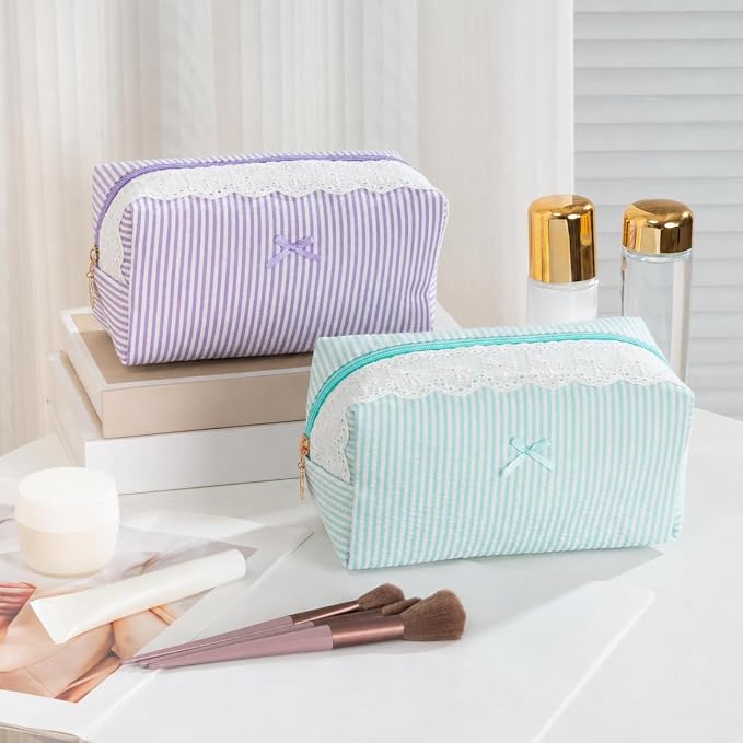 Makeup Bag Travel Toiletry Bag for Women, Small Cosmetic Bags with Lace Trim Cute Green Stripe Aesthetic Organizer Makeup Pouch for Purse Emergency Bag Pencil Case Accessory Bag - Image 7
