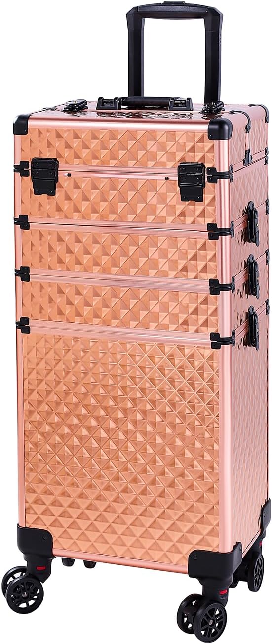 Karl home 4 in 1 Makeup Train Case Rolling Cosmetic Trolley Large Capacity Travel Organizer with Key 360°Swivel Wheels Suitcase for Beauticians Hairstylists Nail Tech Students, Rose Gold by Karlhome