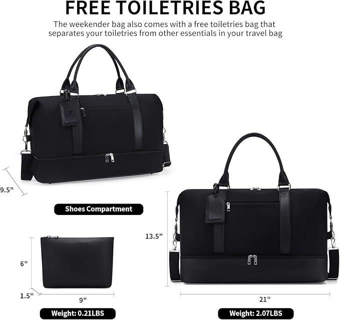Oeihuivt Weekender Bags for Women - 21 Inch Large Travel Duffel Bag 2-Piece Set with Shoe Compartment, Heavy-Duty nylon & Leather Carry On Overnight Tote (Airplane Approved) - Image 2