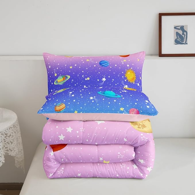 Erosebridal Cute Galaxy Comforter Set King for Boys Girls Kids Stars Planet Space Bedding Set Kawaii Rainbow Pastel Bedding Comforter Sets Pink Blue Purple Ombre Cartoon Quilt Duvet 2 Pillow Cases - Image 7
