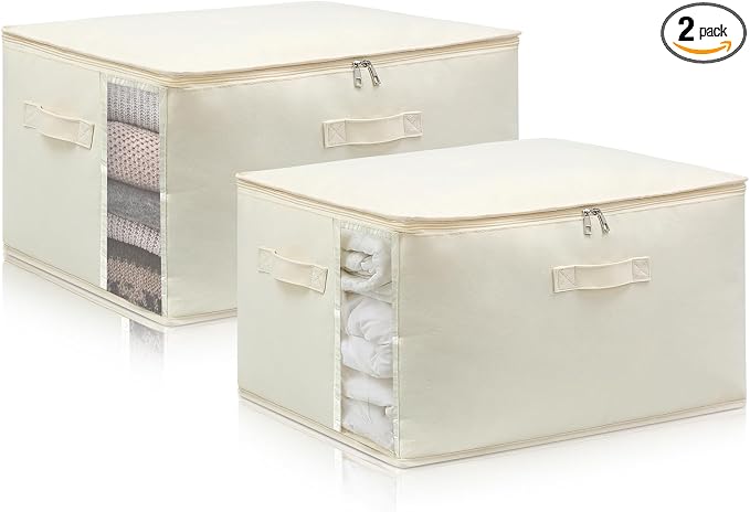 Canvas Comforters Bags Closet Organizers and Storage for Quilts Clothes Organization Containers Bins with Sturdy Zipper, Clear Window 75L for Sweaters Blankets Storage Bedroom Collapsible 2Pack by CHICVIE
