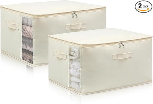 Canvas Comforters Bags Closet Organizers and Storage for Quilts Clothes Organization Containers Bins with Sturdy Zipper, Clear Window 75L for Sweaters Blankets Storage Bedroom Collapsible 2Pack by CHICVIE