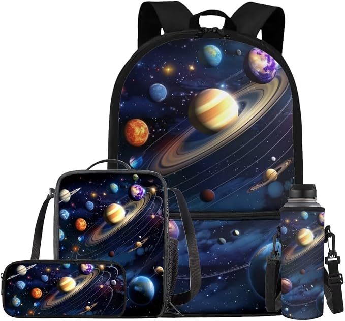 Space Galaxy Backpack for Boys Girls Backpack with Lunch Box Water Bottle Bag and Big Pencil Case 4PCS Set Bookbag with Front Pocket 17 inch Lightweight School Bag with Side Pocket for Kids by ELEDIZI