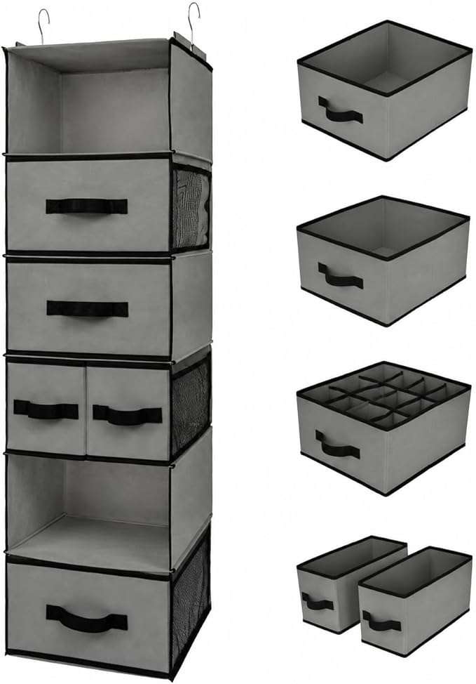 GRANNY SAYS Hanging Closet Organizer 6 Shelves, Closet Organizers and Storage with 5 Drawers, 6 Side Pockets Closet Hanging Organizer, Hanging Storage Organizer for Closet, Baby Clothes, Gray by GRANNYSAYS