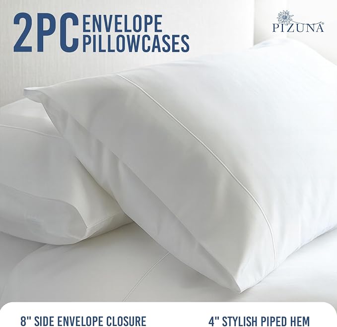 Pizuna 100% Cotton Pillow Cases Queen Size Set of 2 Luxury 1000 Thread Count Sateen Weave Long Staple Cotton Hotel Quality Envelope Closure Pillow Covers Fits Standard/Queen Pillows - White - Image 3
