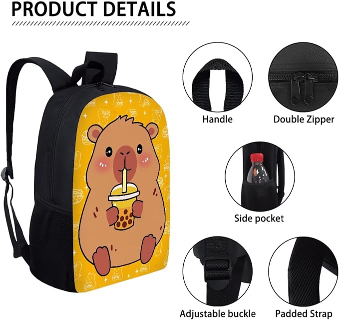 Capybara Bubble Tea Star Print 17 Inch Backpack Schoolbag 3 Piece for Boy Girl, Lightweight Daypack Set with Reusable Lunch Box and Pencil Bag, Durable School Bookbag Set, Yellow - Image 4