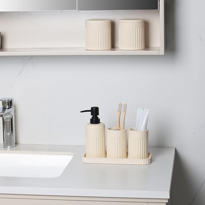 INIUNIK Bathroom Accessory Set - 6 Pieces Bathroom Accessories Set Complete with Soap Dispenser, Toothbrush Holders, Tumbler, Vanity Tray and 2 Qtip Holder for Home Organizer and Decor, Beige - Image 3