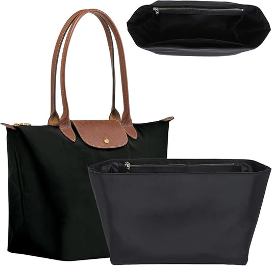 Soft Nylon Purse Organizer Insert for Longchamp Le Pliage M Tote Bag Long Handle, Lightweight Luxury Long Champ Medium Divider Shaper with Cup Holder,Zipper Bag Inner with Deepened Pockets,M/Black by OAIKOR