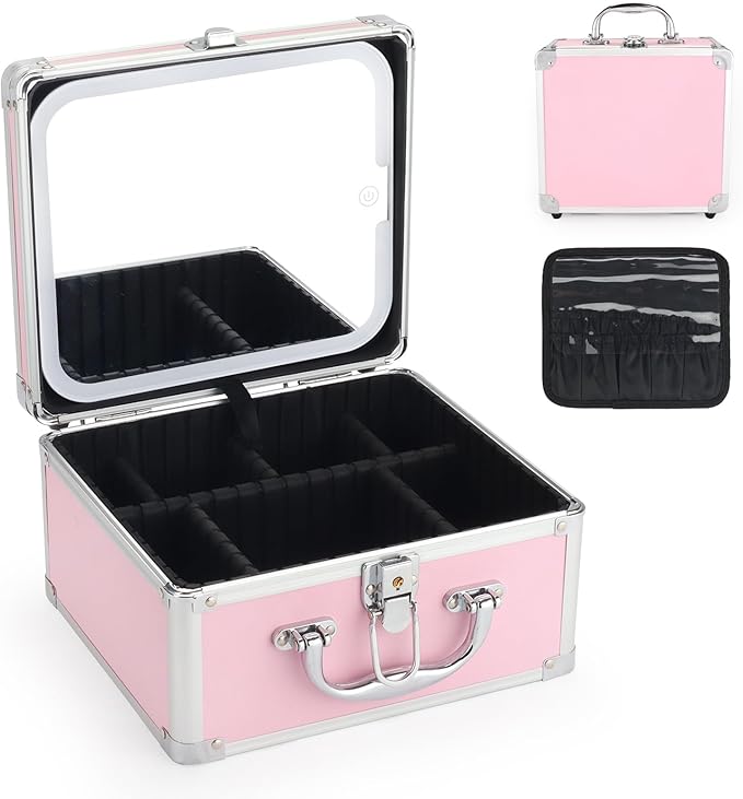 Makeup Case with LED Mirror, Portable Lockable Vanity Case, Travel Makeup Train Box for Women, Cosmetic Organizer, Detachable 3-Color Lighted Mirror, Adjustable Dividers, Brush Holder by Unknown