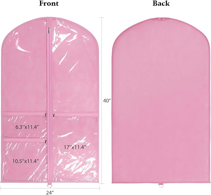 Univivi Dance Costume Bags Garment Bag 40 Inch Hanging Clothes for Dance Competitions, with 3 Medium Clear Zipper Pockets for Dance Costumes, Closet Storage (Pink) - 4 Pack - Image 2