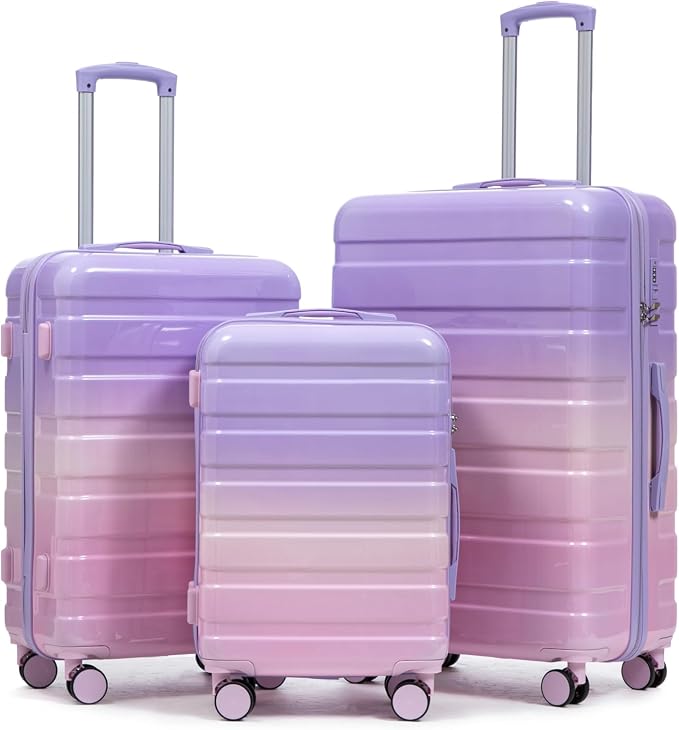 3-Piece Luggage Set 20/24/28’’ Hard-shell with 360° Spinner Wheels, Gradient Color Suitcase with Combination Lock, Lightweight PC Material, (Pink + Purple) by LUCCALILY