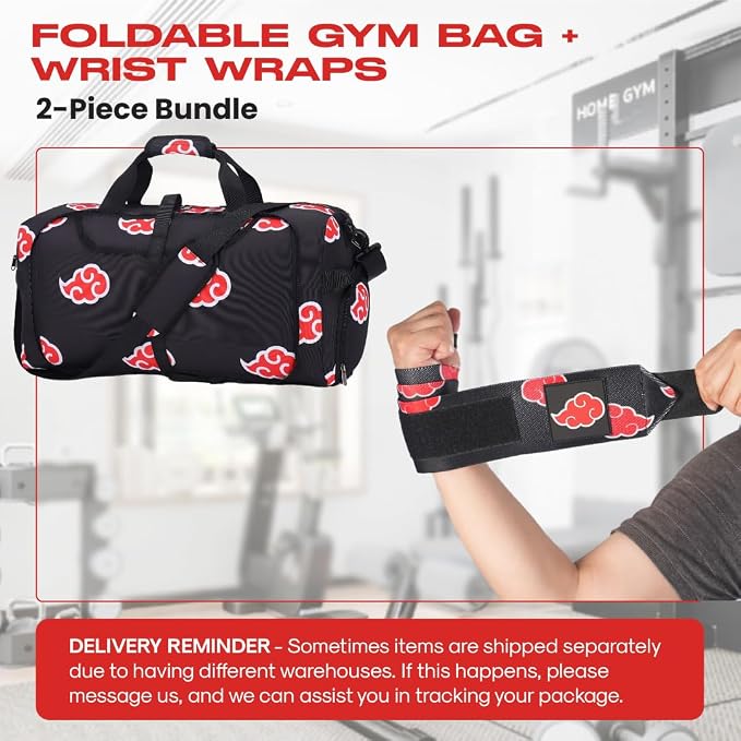 2pcs Anime Gym Bag for Women Men and Wrist Wrap Set - Foldable 55L Large Workout Duffle Bag with Shoe Compartment, 24" Lifting Straps Weightlifting, Powerlifting, and Improve Workout (Akat) - Image 2