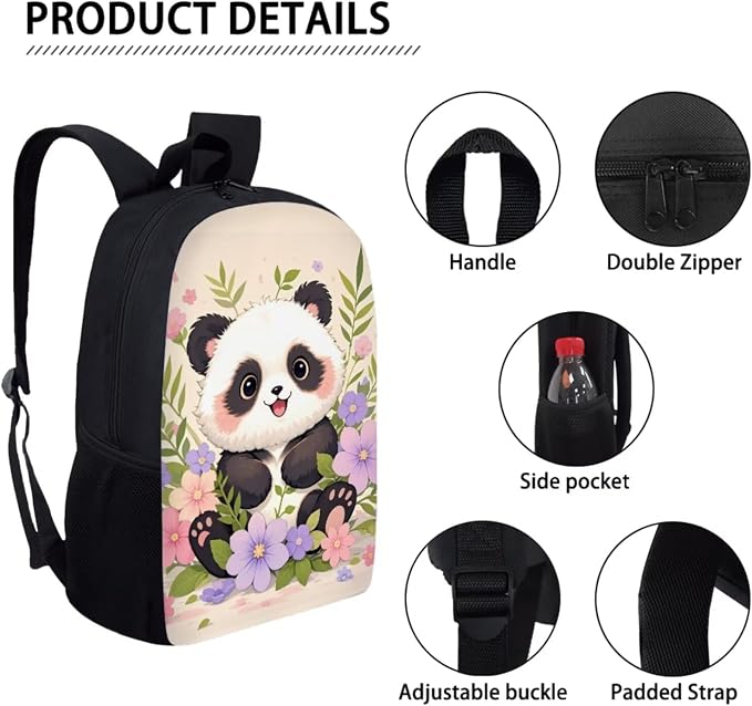 Forchrinse School Backpack for Girls 3Pcs Panda Backpacks Set with Lunch Box Pencil Case Kids 17 Inch Bookbag Large Capacity School Bag for Kindergarten/Elementary/Preschool - Image 7