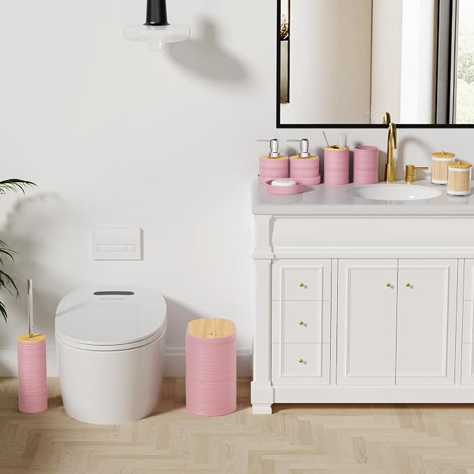 XLHOMO Pink Bathroom Set - 10PC Bathroom Accessories Set, Luxury Bathroom Accessory Set with Trash Can,Toilet Brush & 2 PC Soap Dispensers for Apartment Decor and Housewarming - Image 4