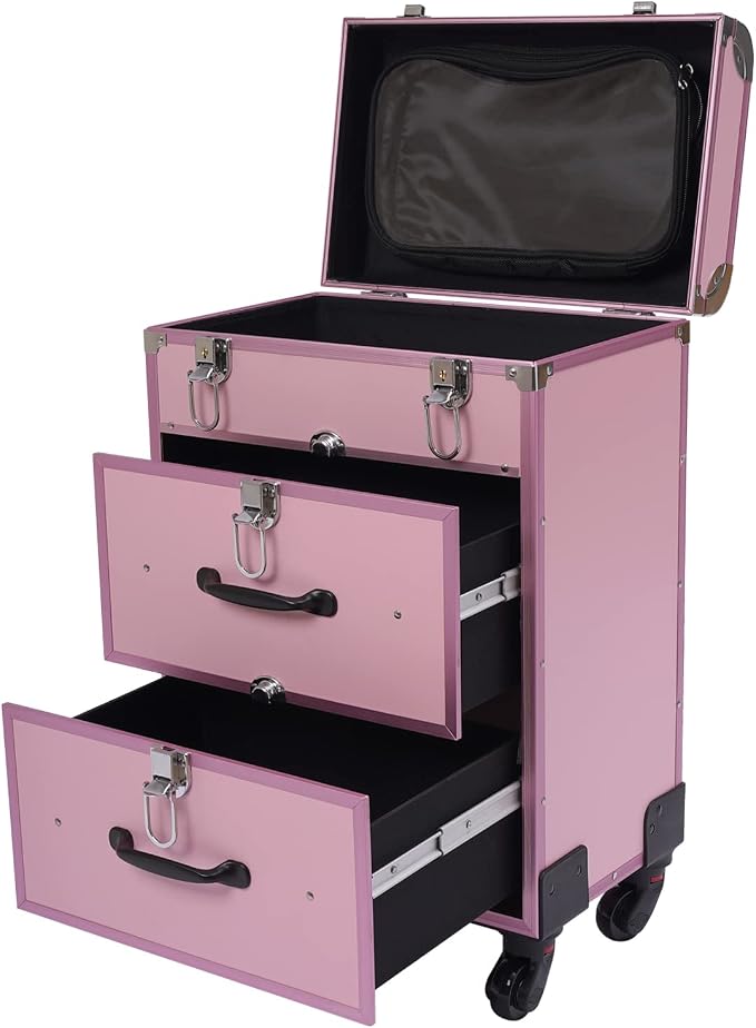 Rolling Makeup Case with Drawer Cosmetic Trolley 3 Tier Travel Cosmetic Organizer on Wheels Salon Barber Case for Makeup Artist Tattooist Nail Tech Hairstylists (Type D, Pink) by Titunjian