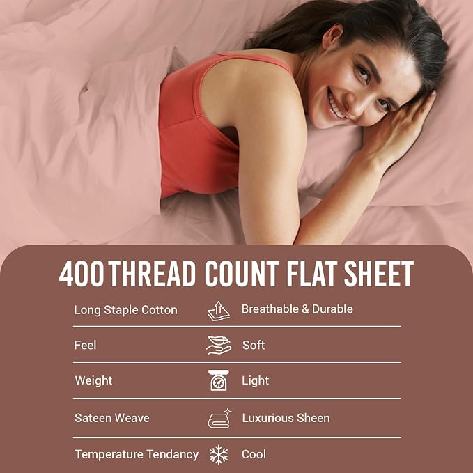 Pizuna Pure 100% Cotton Flat Sheets Only King Misty Rose (1 PC), Luxurious 400 Thread Count Long Staple Cotton Sateen with 4" Hem (Combed King Flat Sheet Only Cotton) - Image 4