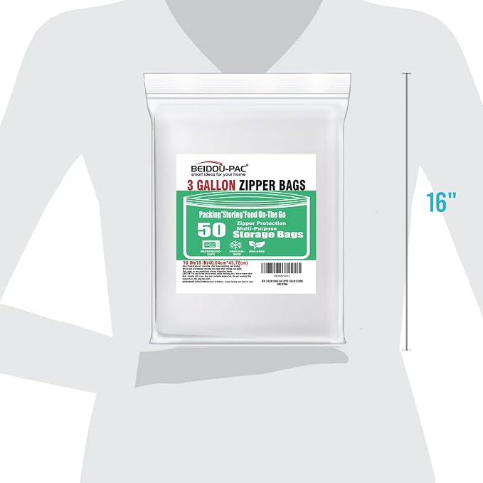 BEIDOU-PAC 3 Gallon Large Plastic Bags with Zipper Top, | 50 Count | 2 Mil | 16" x 18" | Heavy-Duty Reusable Clear Freezer Storage Bags - Image 7