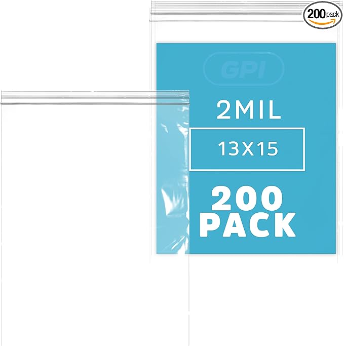 GPI - 2 Gallon Zip Bags, 13" x 15" Large Reclosable Lock Zip Bags, Clear Plastic Zipper Storage Bags with Zip Top Lock for Freezer, Clothing, Food, Documents & Supplies - 200 Count by GPI