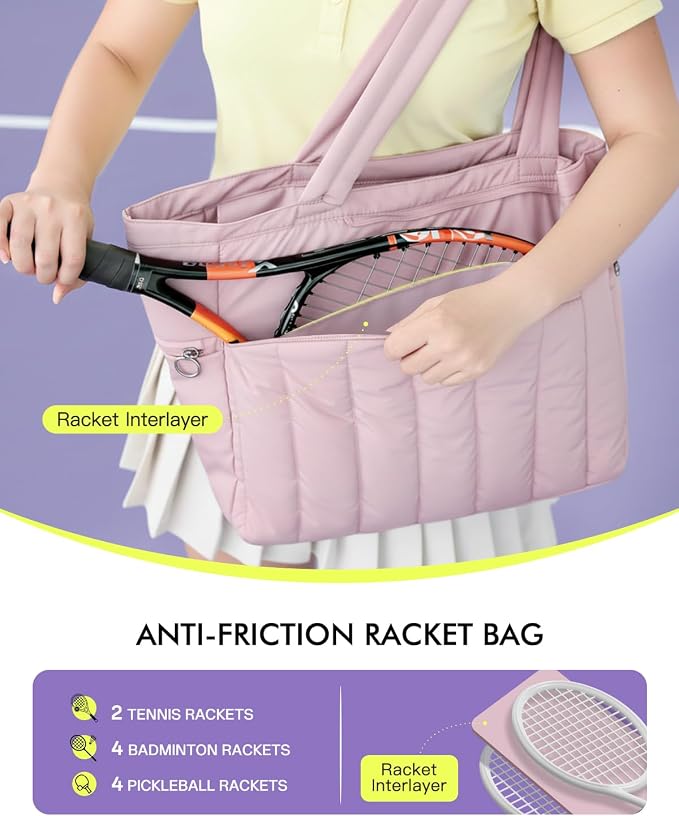 Quilted Tennis Tote Bag for Women Gym Duffle Bag with Shoe Compartment & Wet Pocket Fits 2-4 Rackets and 15.6" Laptop Overnight Weekend Sports Bag with Fence Hook(Large size) - Image 2