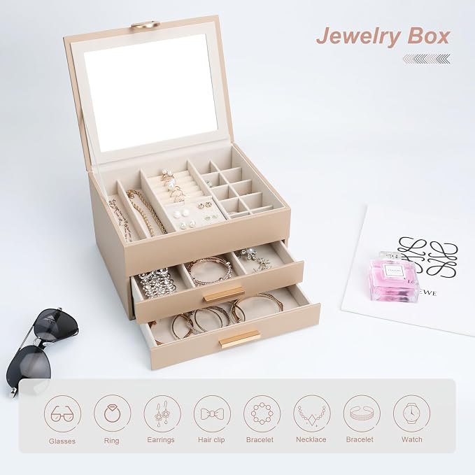 Leather Jewelry Box Premium 3-Layer Jewelry Case with Mirror - Scratch-Resistant Storage for Earrings, Rings, Necklaces, Ideal Gift for Women Apricot - Image 6