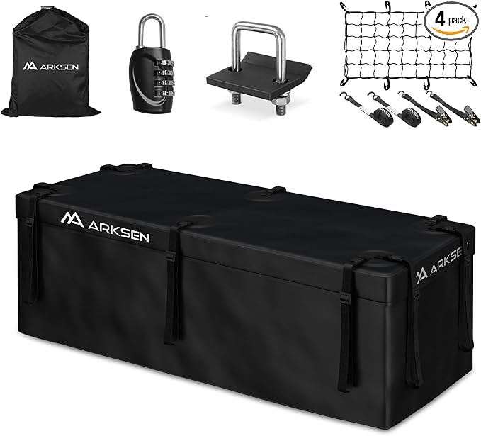 ARKSEN Waterproof Hitch Cargo Carrier Bag with Combination Lock for Truck SUV RV Trailer- Include Net, Heavy Duty Stainless Steel Hitch Tightener, Anti-Rattle Stabilizer, 2 pcs 19.7Ft Straps by ARKSEN