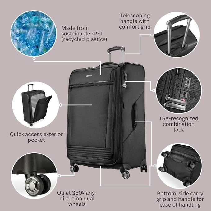 Ricardo Beverly Hills Avalon Softside Medium Check-In Luggage Made with Sustainable 100% Recycled PET (rPET), Lightweight, Eco-Friendly Travel, Expandable, Dual Spinner Wheels, Black, 24-inch - Image 3